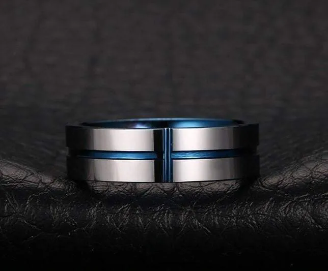 Stunning Cross Thin Blue Line Inspired Ring - Pure Tungsten Carbide!