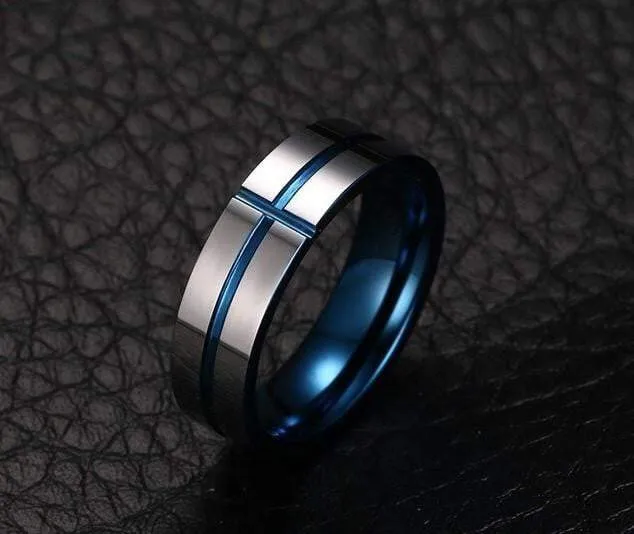 Stunning Cross Thin Blue Line Inspired Ring - Pure Tungsten Carbide!