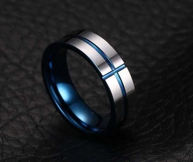Stunning Cross Thin Blue Line Inspired Ring - Pure Tungsten Carbide!