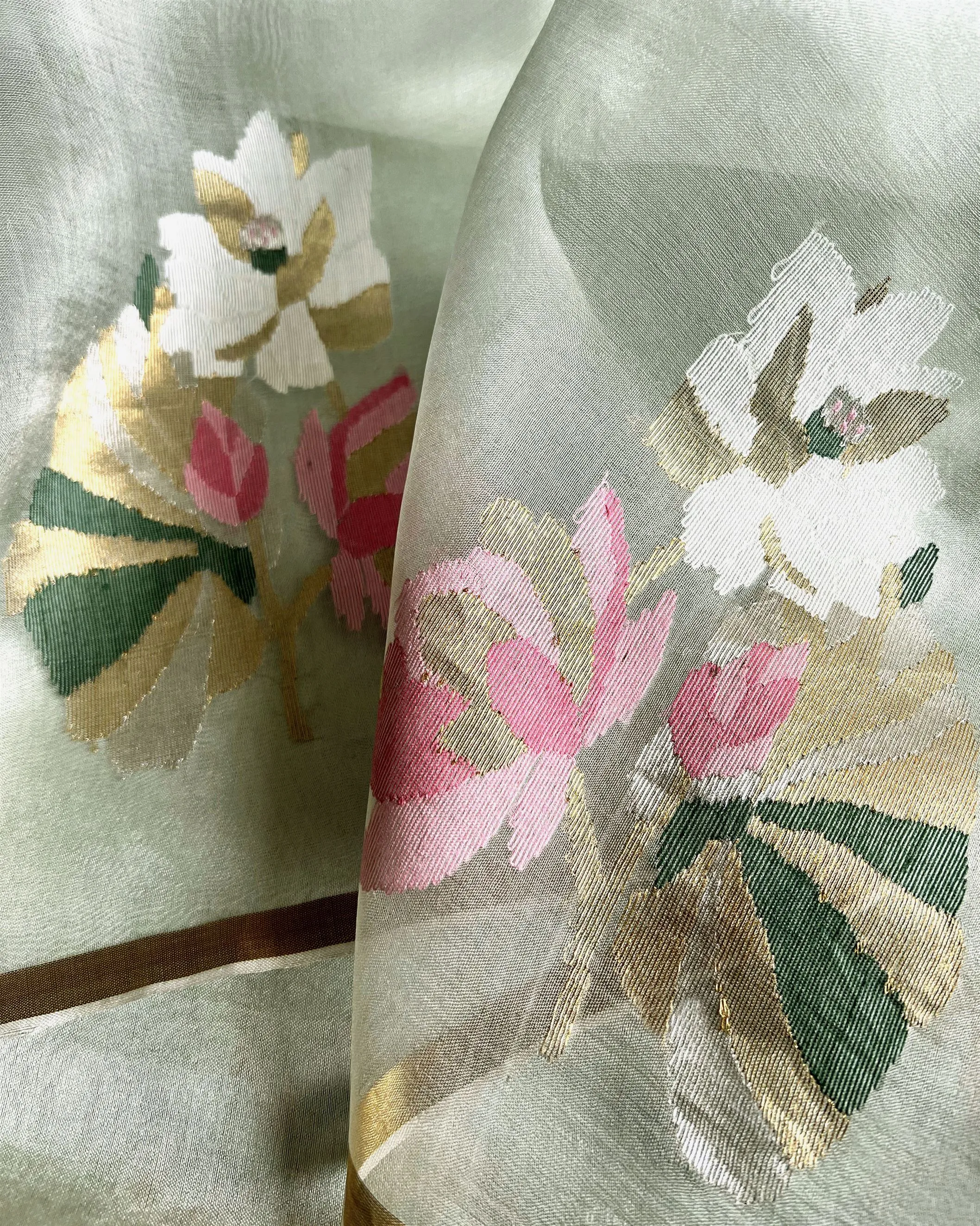 Suparna Som indira sari 48 inch width by 5.5 meter length Mintgrey green silk - delivery Time 8 weeks Festive 24 LOOK-04