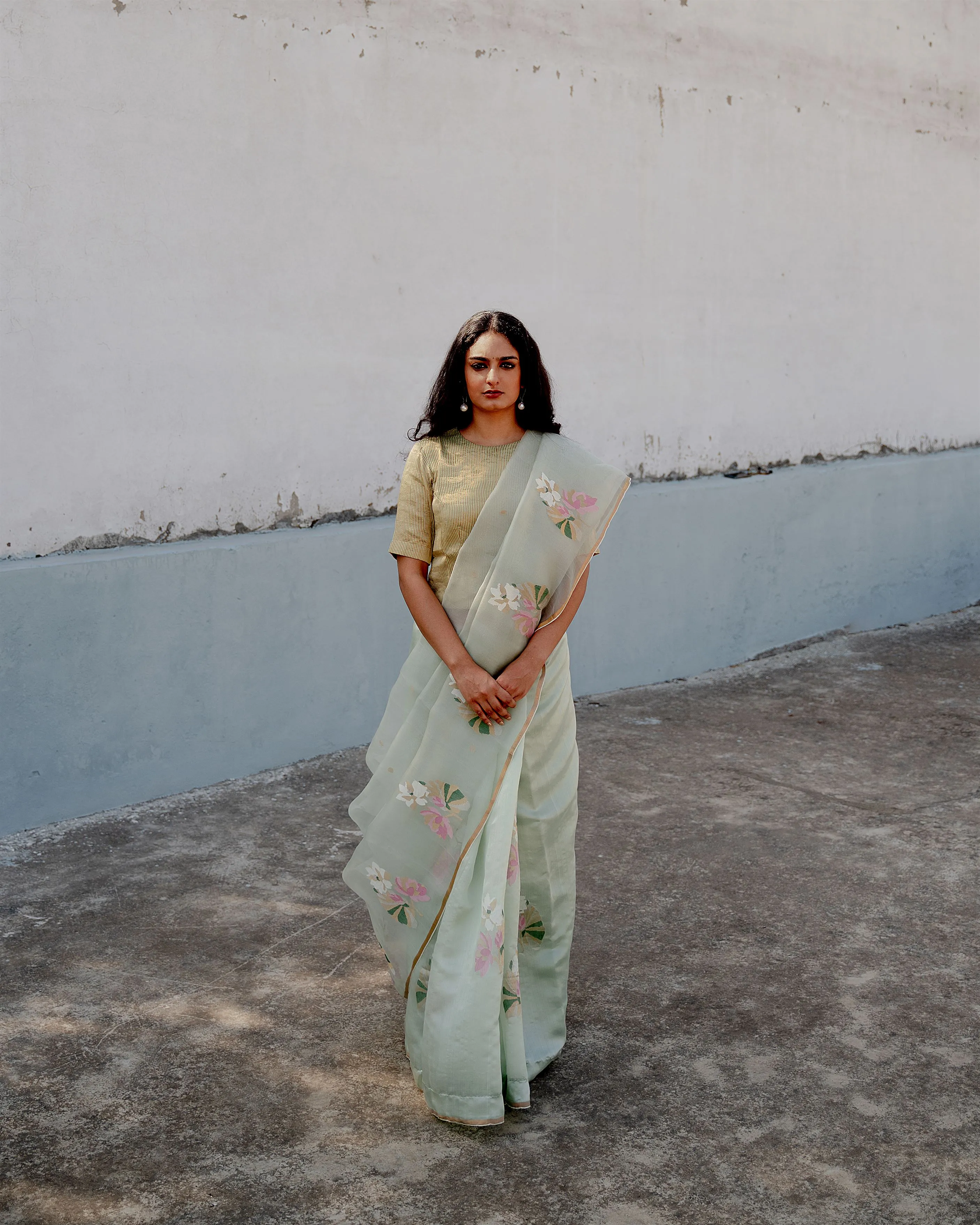 Suparna Som indira sari 48 inch width by 5.5 meter length Mintgrey green silk - delivery Time 8 weeks Festive 24 LOOK-04
