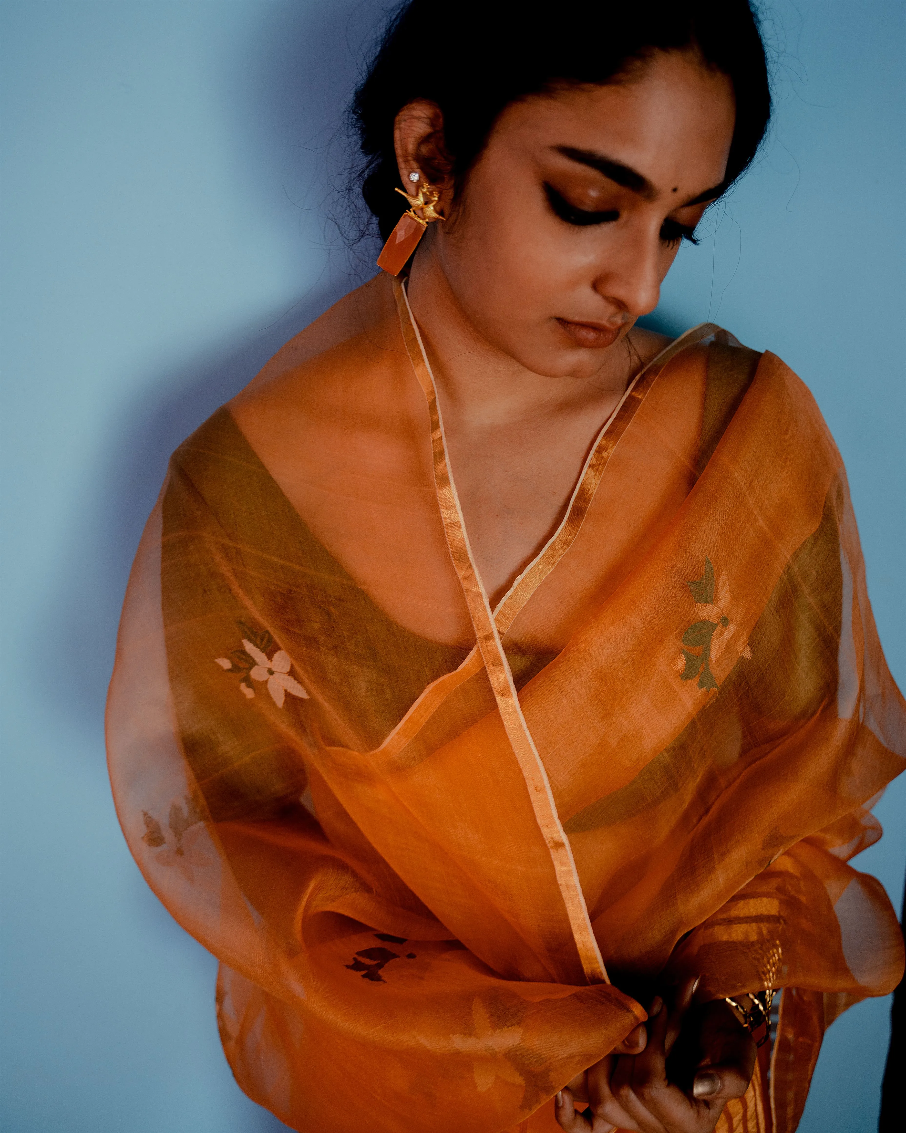 Suparna Som komola sari 48 inch width by 5.5 meter length Orange silk - delivery Time 8 weeks Festive 24 LOOK-14