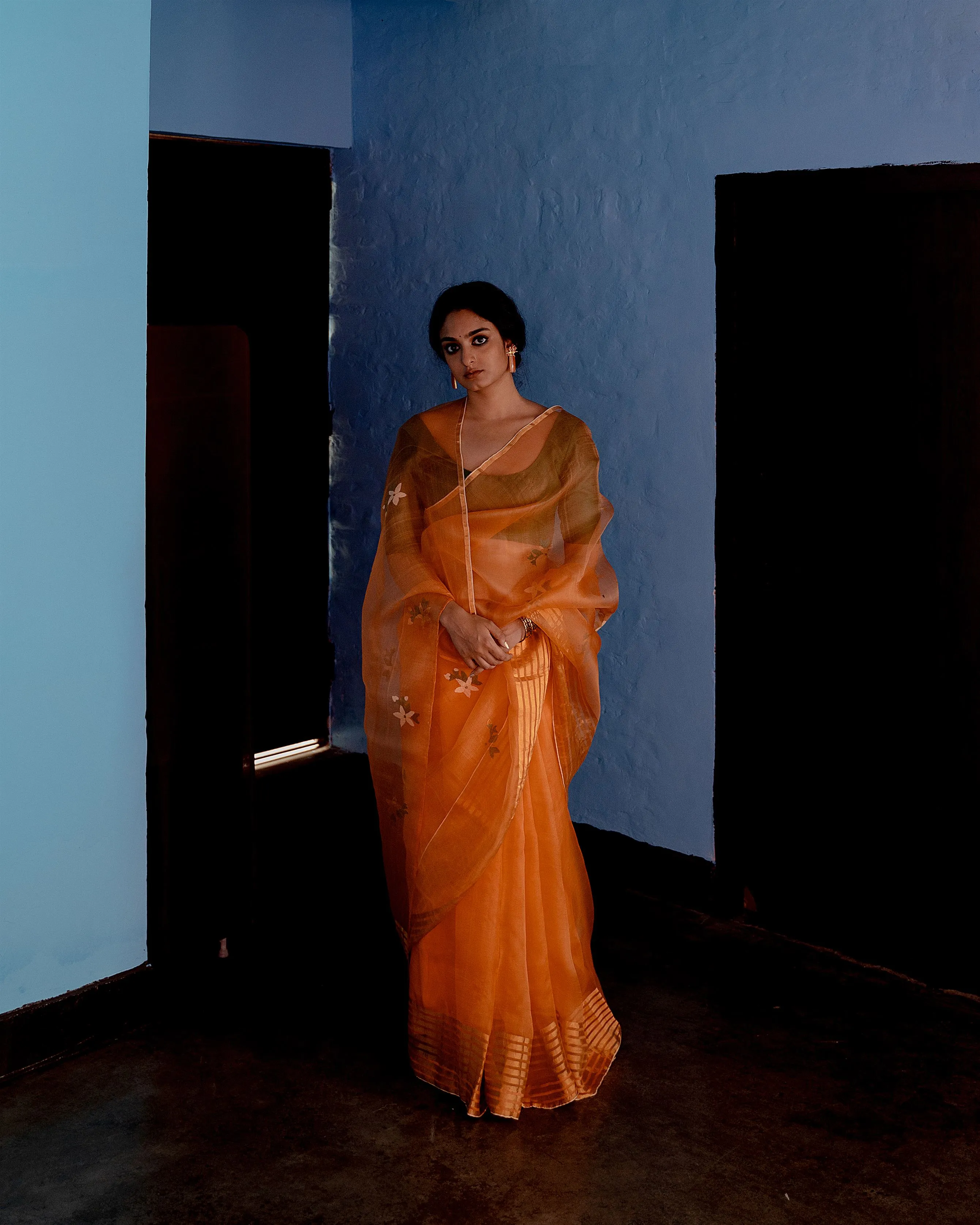 Suparna Som komola sari 48 inch width by 5.5 meter length Orange silk - delivery Time 8 weeks Festive 24 LOOK-14