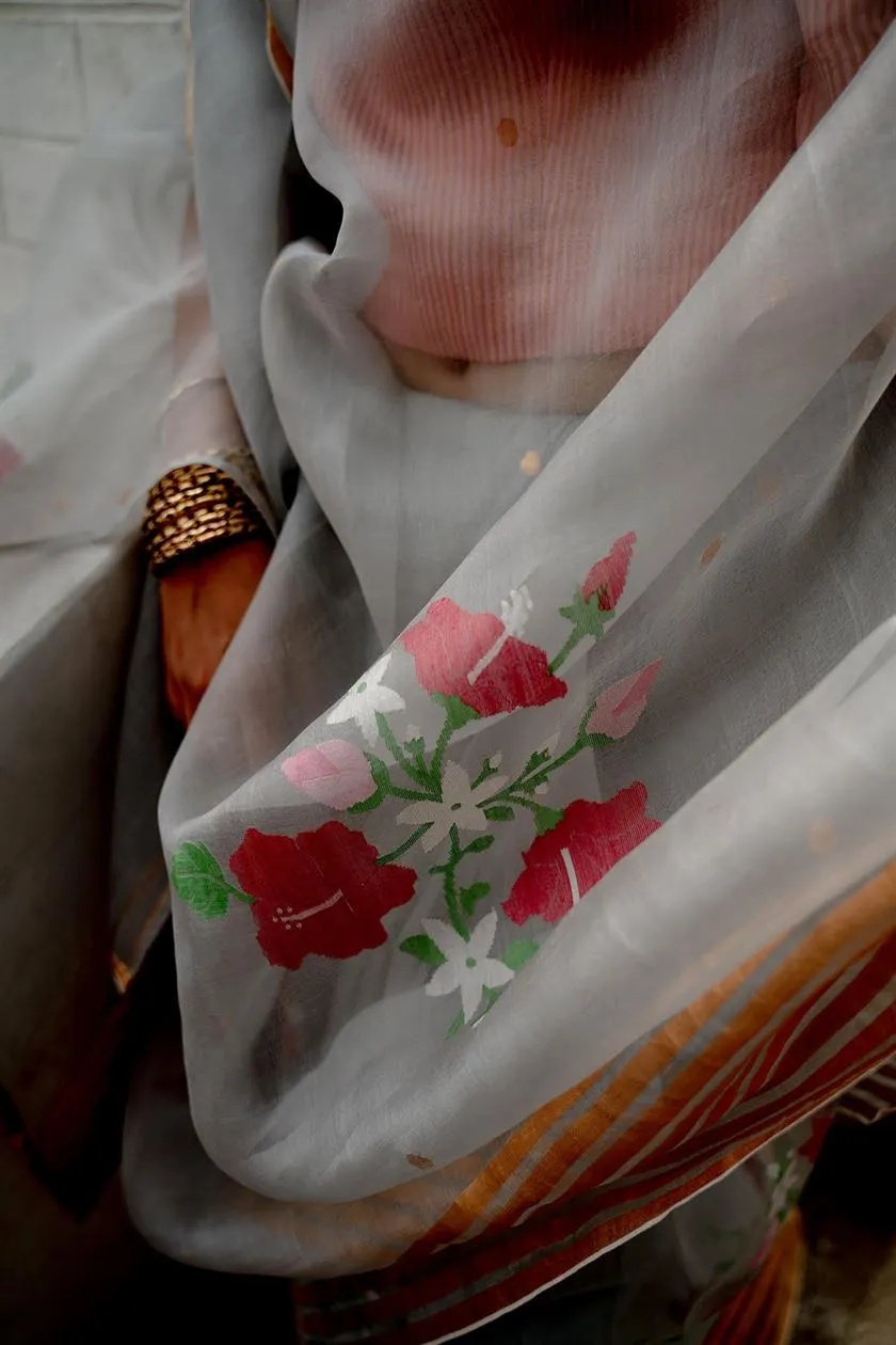 Suparna Som megha sari 48 inch width by 5.5 meter length Grey silk - delivery Time 8 weeks Festive 24 LOOK-10