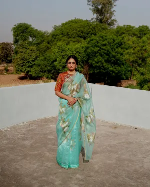 Suparna Som phulavaari sari 48 inch width by 5.5 meter length Aqua blue silk - delivery Time 8 weeks Festive 24 LOOK-21