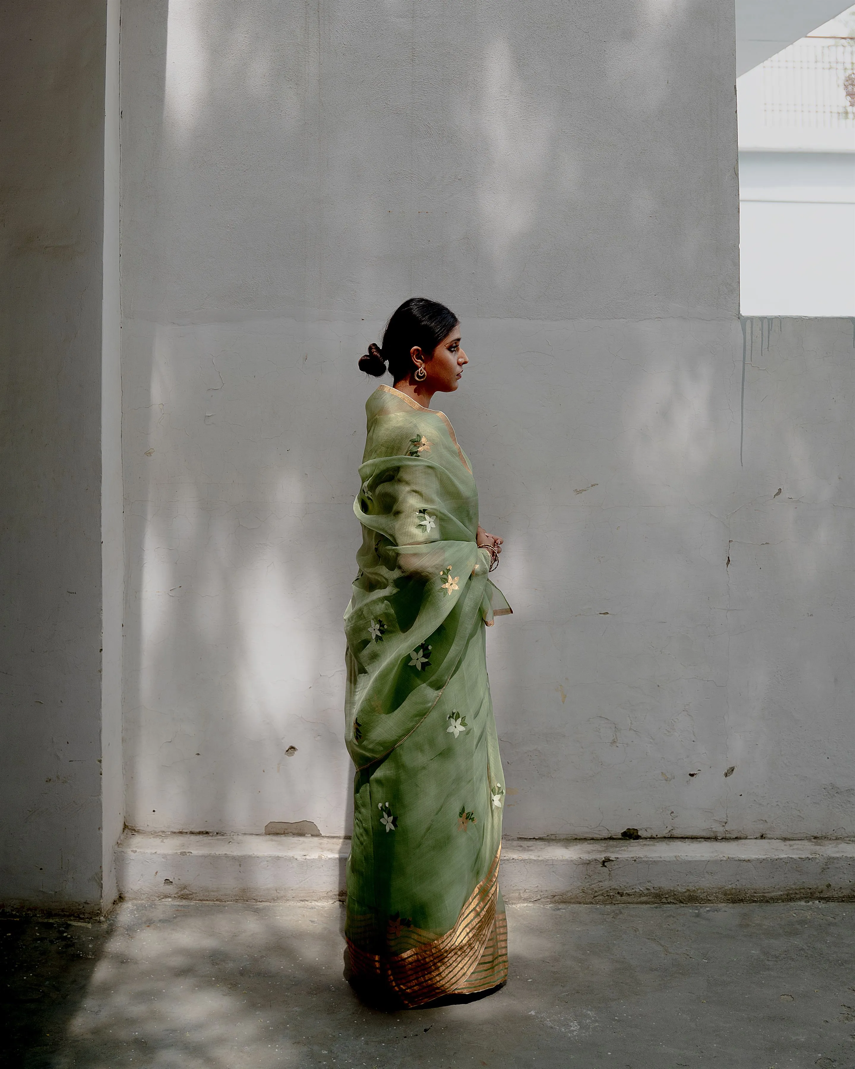 Suparna Som pushpa sari 48 inch width by 5.5 meter length Sage green silk - delivery Time 8 weeks Festive 24 LOOK-03