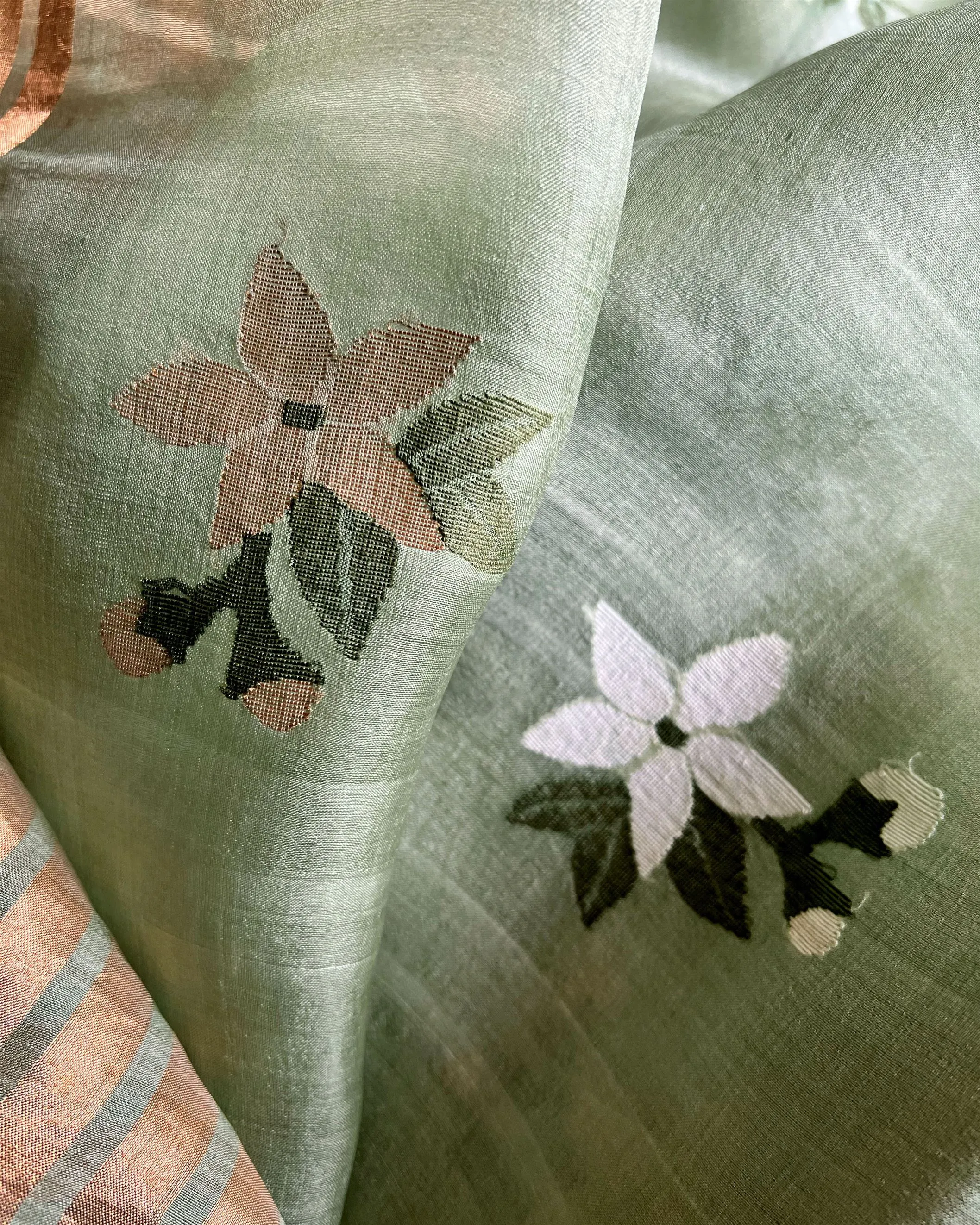 Suparna Som pushpa sari 48 inch width by 5.5 meter length Sage green silk - delivery Time 8 weeks Festive 24 LOOK-03