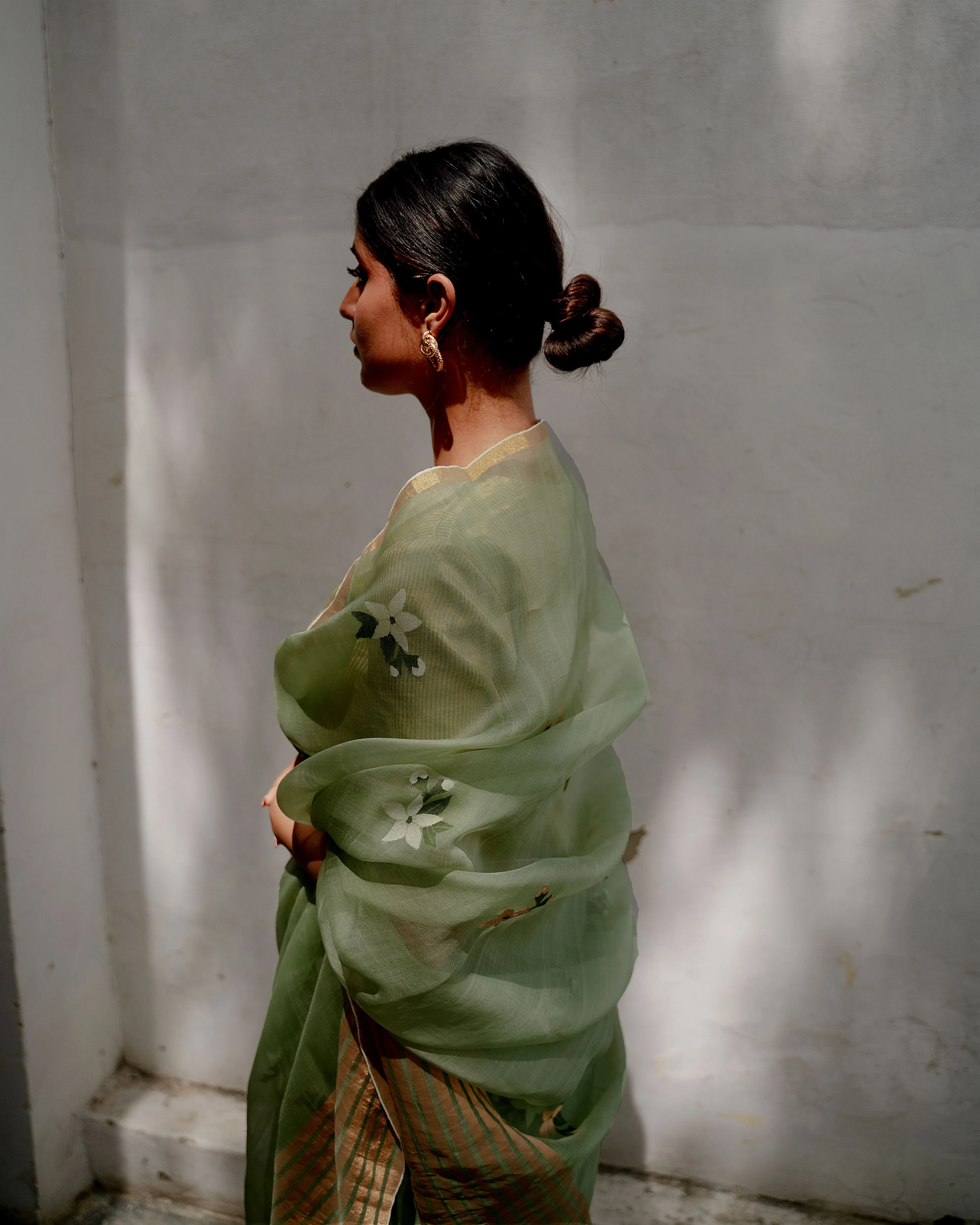 Suparna Som pushpa sari 48 inch width by 5.5 meter length Sage green silk - delivery Time 8 weeks Festive 24 LOOK-03