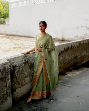Suparna Som pushpa sari 48 inch width by 5.5 meter length Sage green silk - delivery Time 8 weeks Festive 24 LOOK-03