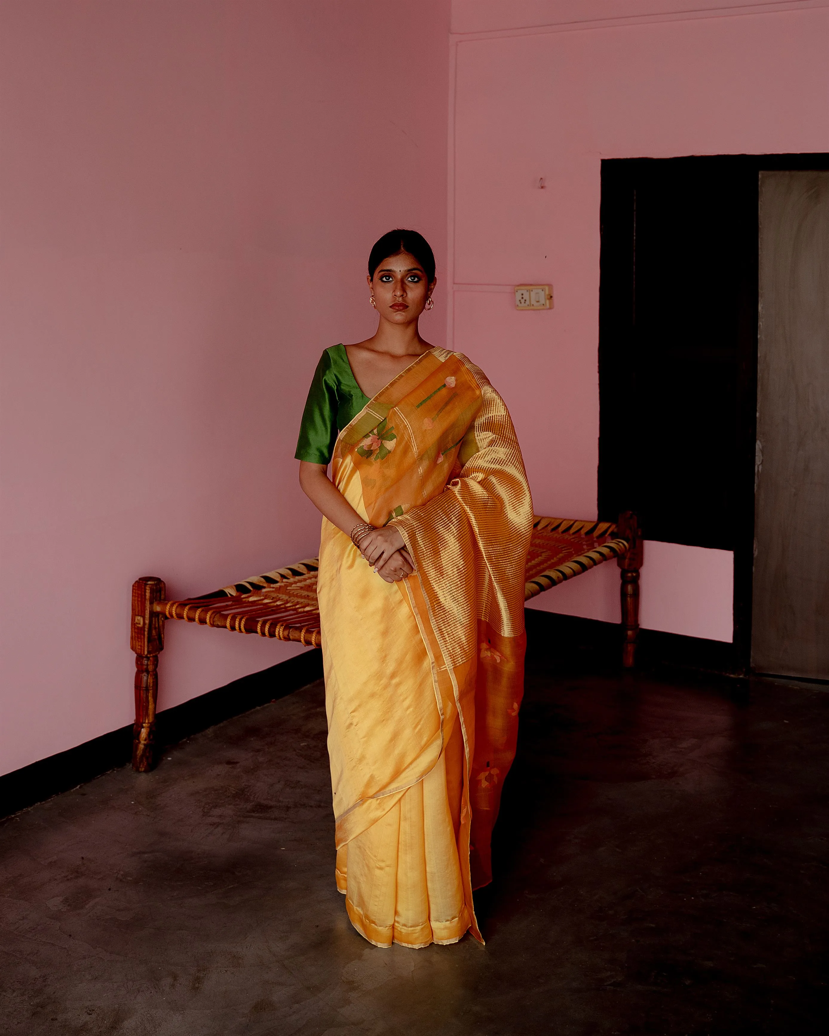 Suparna Som shonali sari 48 inch width by 5.5 meter length Mustard silk - delivery Time 8 weeks Festive 24 LOOK-25