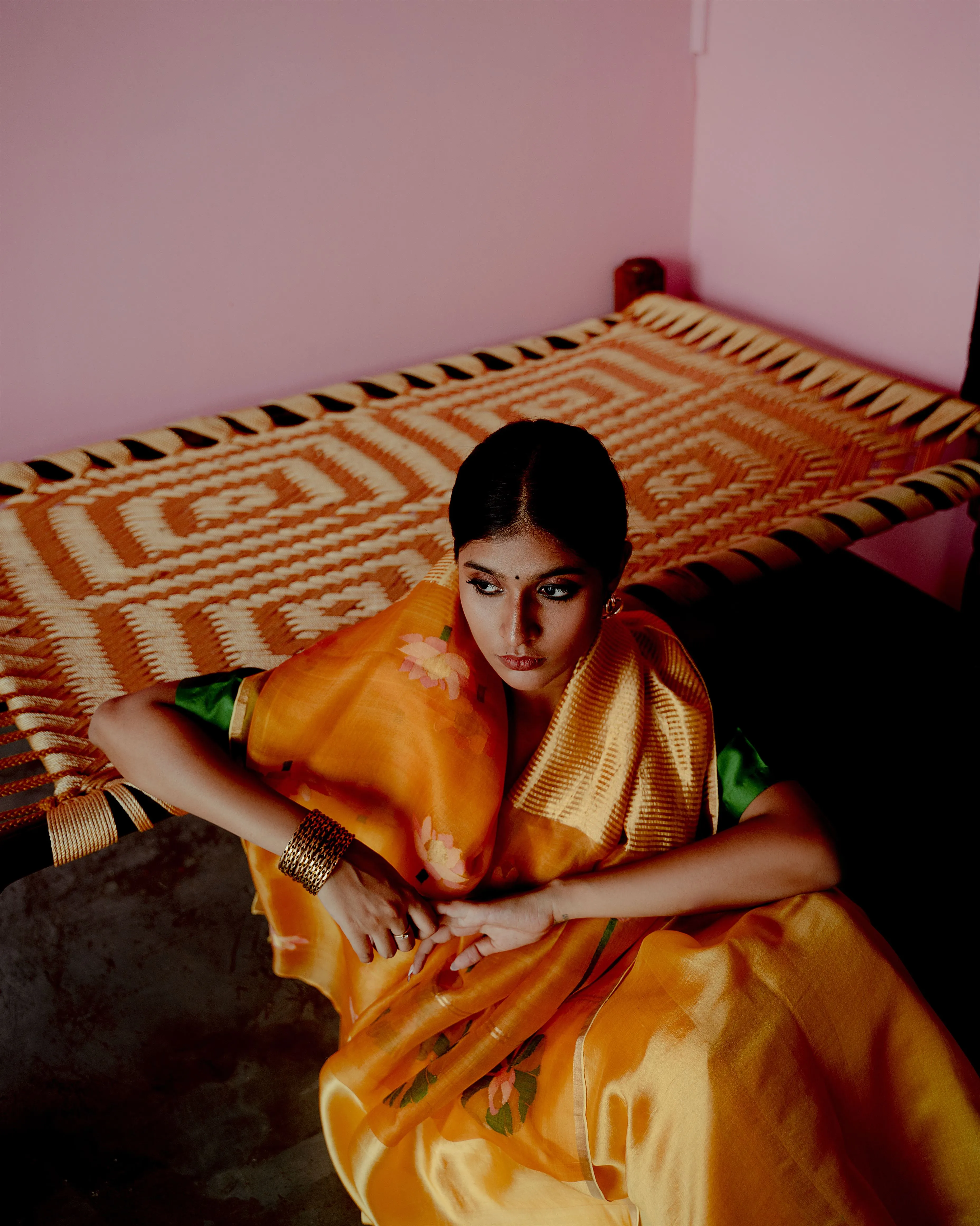 Suparna Som shonali sari 48 inch width by 5.5 meter length Mustard silk - delivery Time 8 weeks Festive 24 LOOK-25