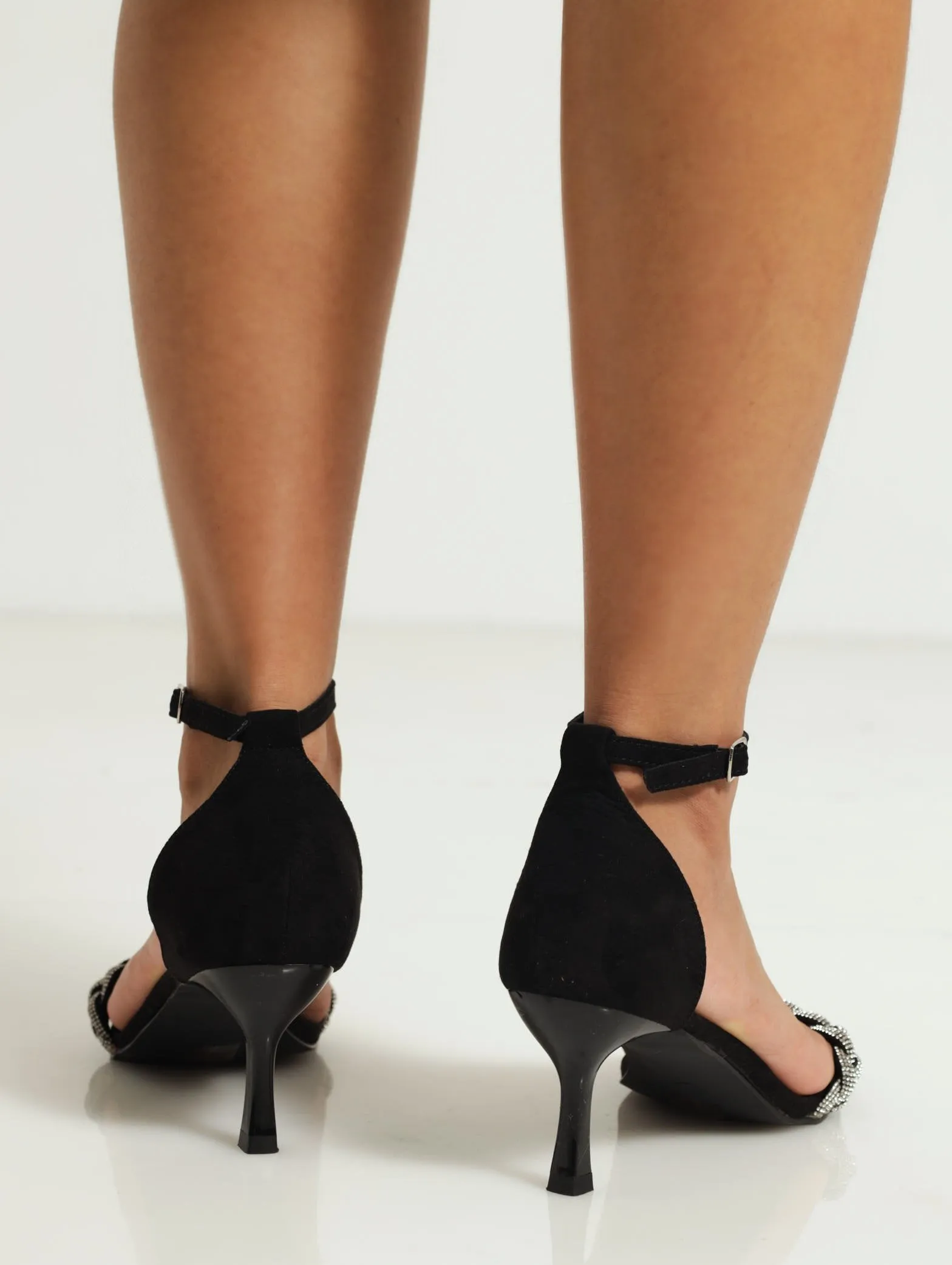 Thin Ankle-Strap Jewel Plaited Mule Kitten Heel