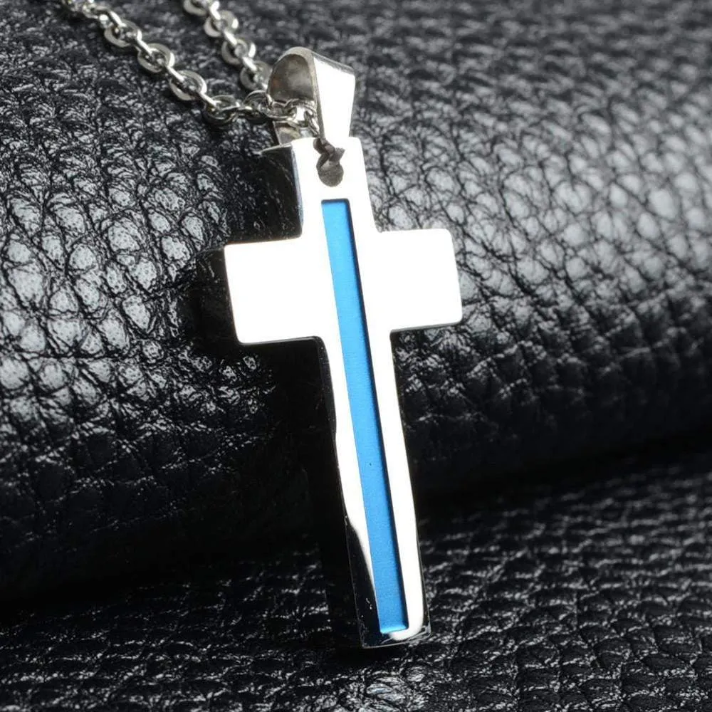 Thin Blue Line Silver Cross Pendant Necklace