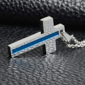 Thin Blue Line Silver Cross Pendant Necklace