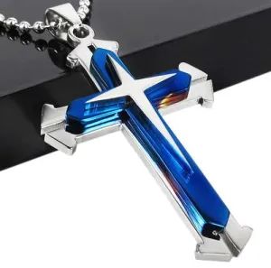 Thin Blue Line Silver Cross Pendant Necklace