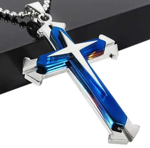 Thin Blue Line Silver Cross Pendant Necklace