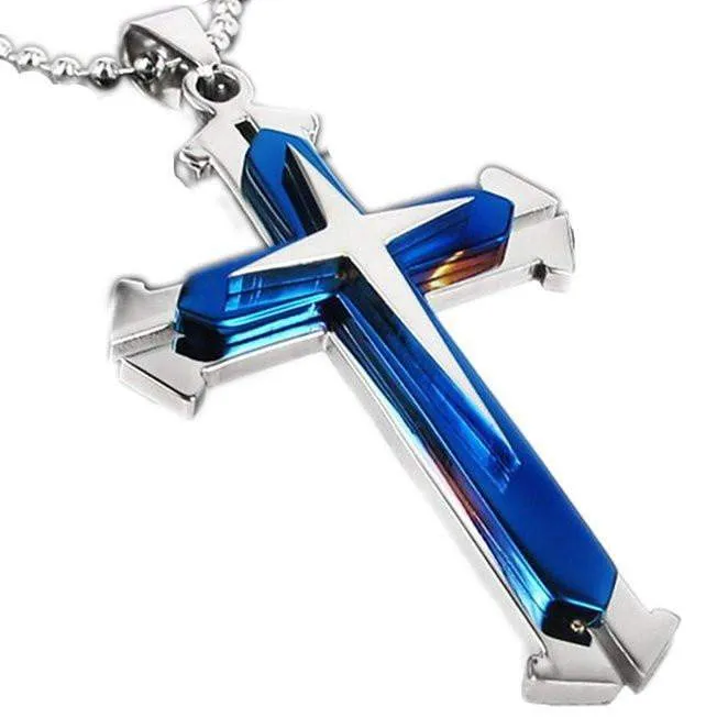 Thin Blue Line Silver Cross Pendant Necklace