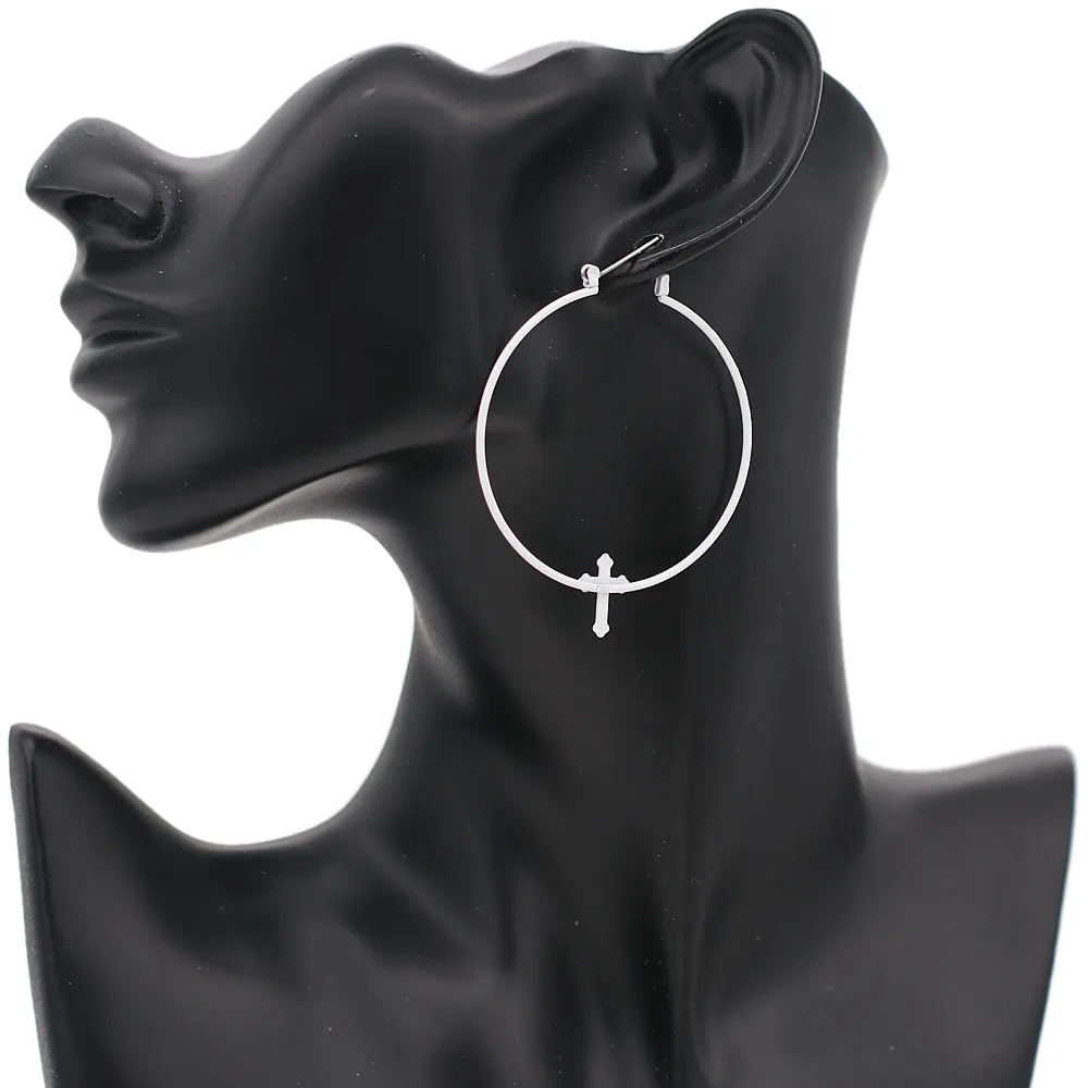White Cross Thin Hoop Earrings