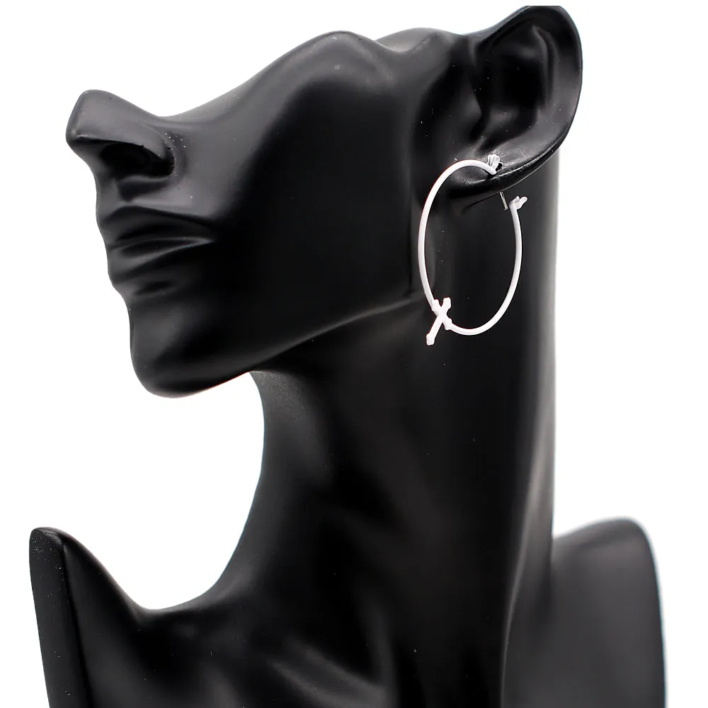 White Cross Thin Hoop Earrings
