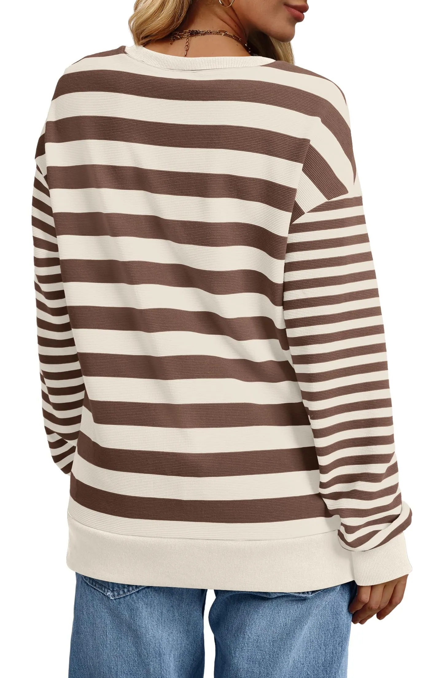 WIHOLL Fall Tops for Women 2024 Trendy Crew Neck Sweatshirts Striped Long Sleeve Shirts Brown Khaki