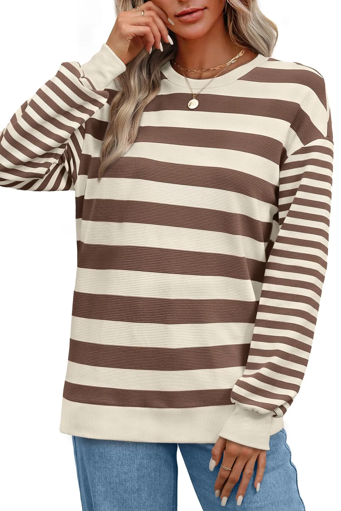 WIHOLL Fall Tops for Women 2024 Trendy Crew Neck Sweatshirts Striped Long Sleeve Shirts Brown Khaki