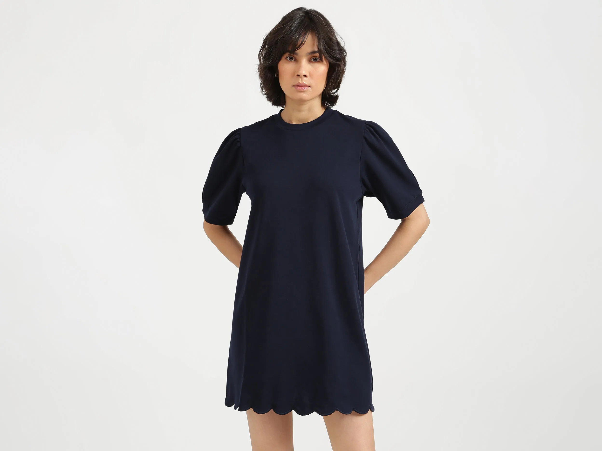 Women Navy Blue Solid Mid Dress