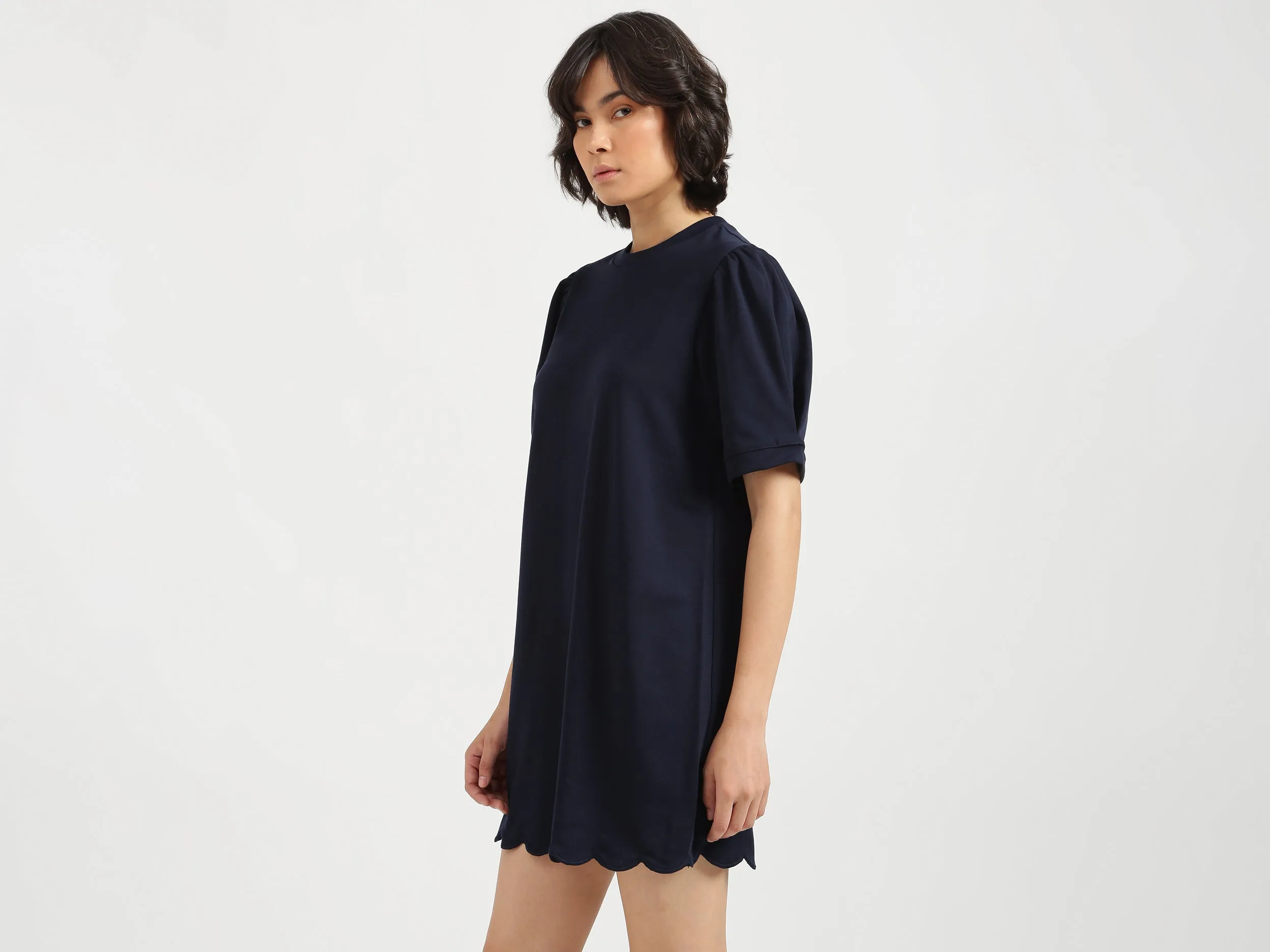 Women Navy Blue Solid Mid Dress