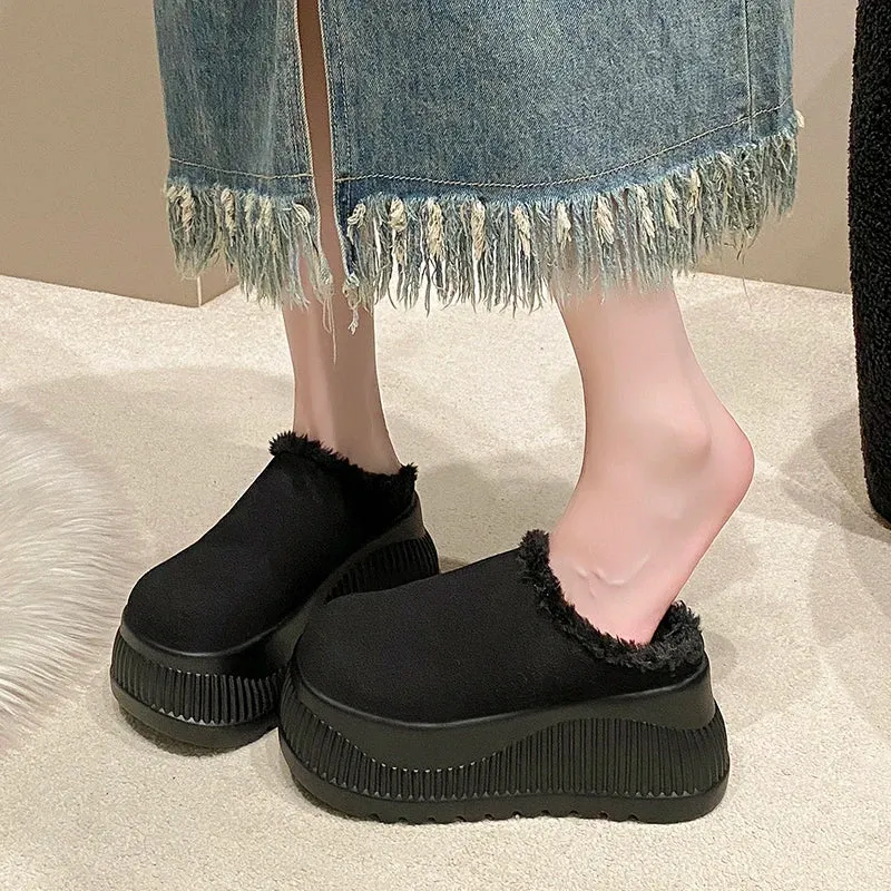 Women Platform Fur Slippers Suede Mules Shoes Winter 2025 Trend Casual Snow Boots Short Plush Warm Cotton Shoes 10CM High Heels