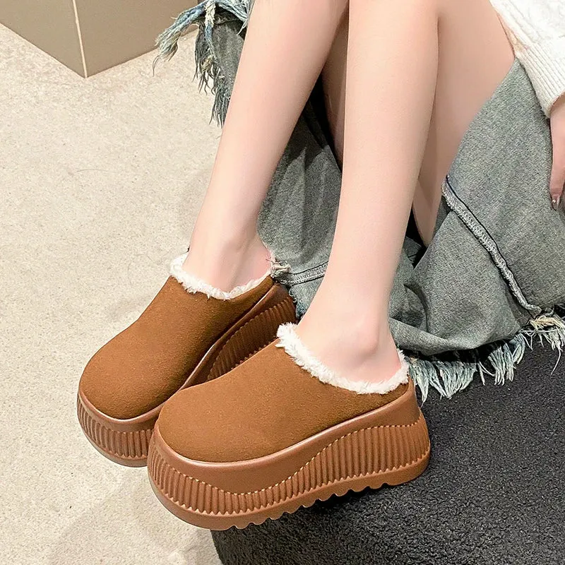 Women Platform Fur Slippers Suede Mules Shoes Winter 2025 Trend Casual Snow Boots Short Plush Warm Cotton Shoes 10CM High Heels