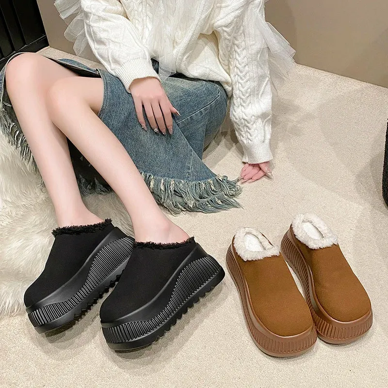Women Platform Fur Slippers Suede Mules Shoes Winter 2025 Trend Casual Snow Boots Short Plush Warm Cotton Shoes 10CM High Heels