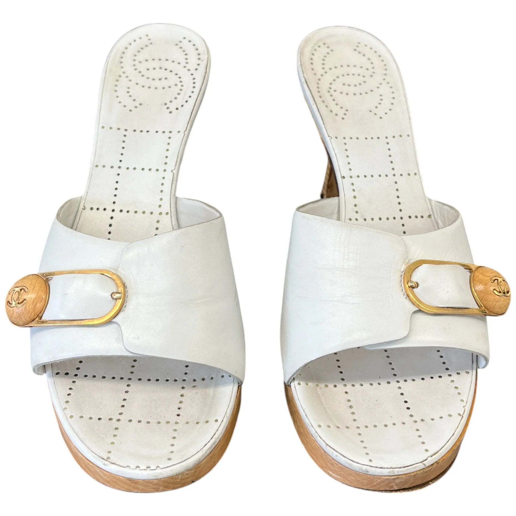 Women's Cc Wooden Buckle Logo Mules White Size EU 38 / UK 5