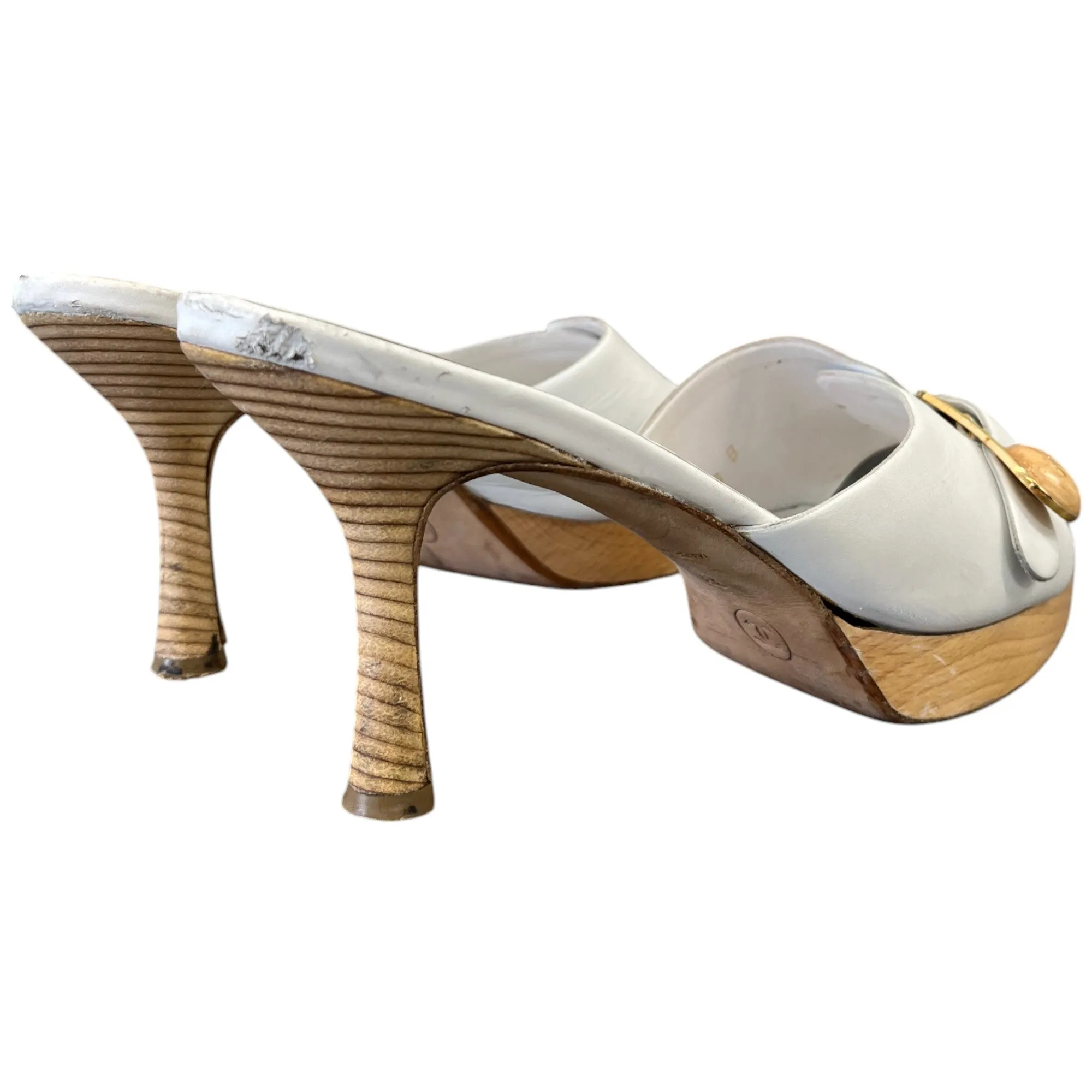 Women's Cc Wooden Buckle Logo Mules White Size EU 38 / UK 5