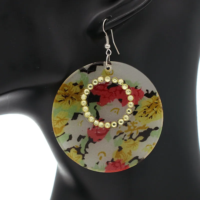 Yellow Multicolor Floral Pattern Thin Disk Earrings